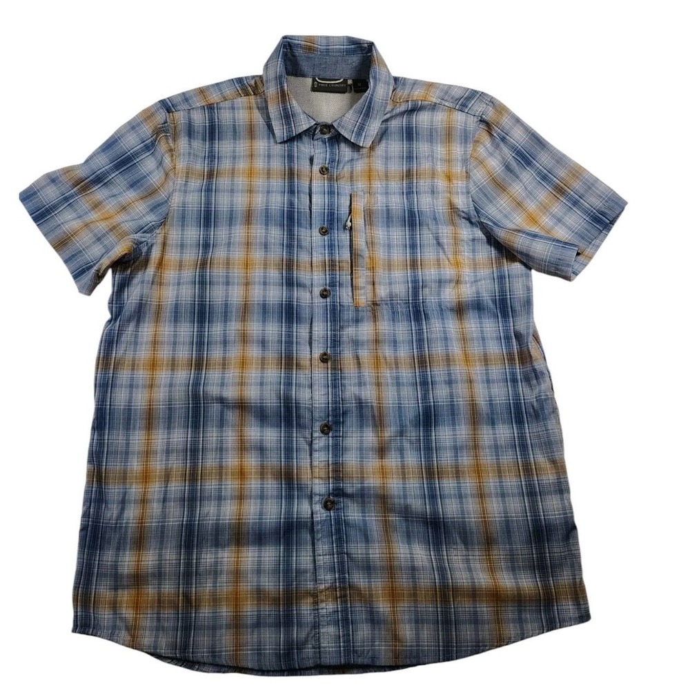 Free Country Mens‎ Excursion Poplin Shirt Short Sleeve Size M Yellow Blue Plaid